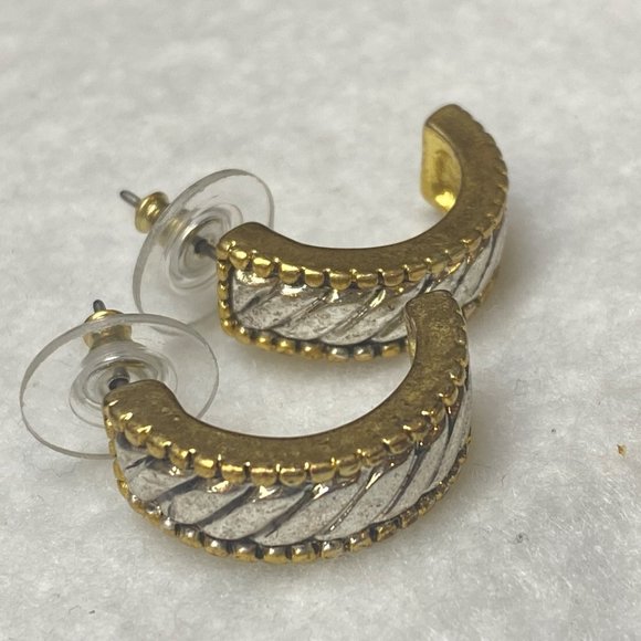 Silver Gold Tone Earrings Vintage Moon Half Circle Rope Edge Accent Pierced Stud - Picture 13 of 16